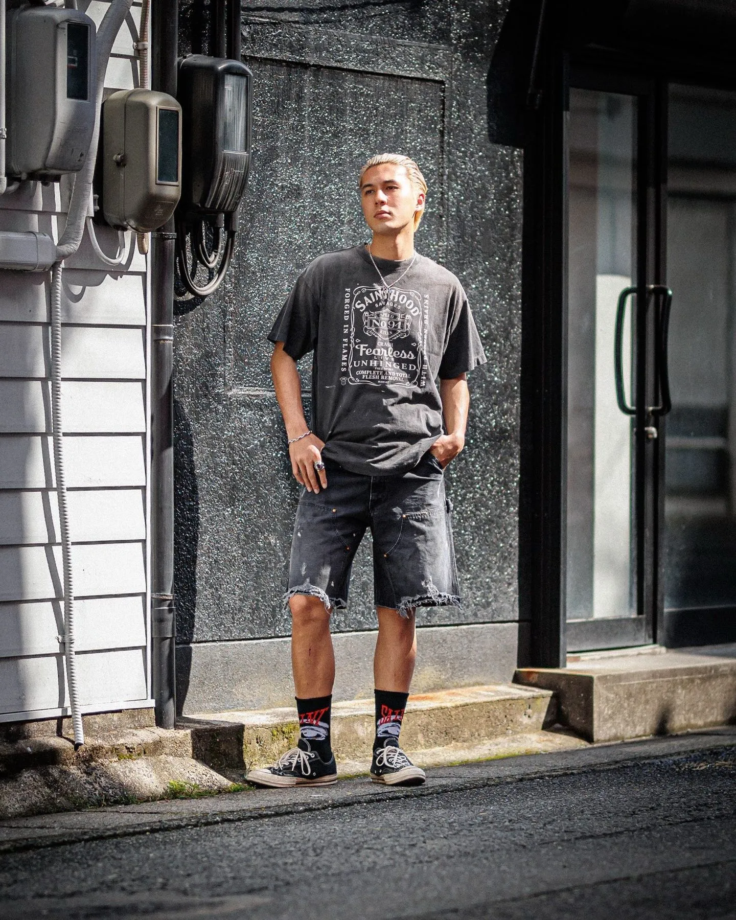 SAINT Mxxxxxx × NEIGHBORHOOD STHD . SS TEE FEARLESS/BLK NBHD Takizawa Shinsuke co-branded whiskey label/love skull angel distressed short sleeves washed black S-XL tube weave without side seam fabric ready-made Assute dyeing custom-woven NBHD co-branded main mark washed mark truly correct version top-level printing process restoration distressed treatment